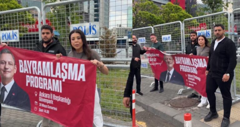 CHP Gençlik Kolları Genel Merkezin girişine Özgür Özel’in bayramlaşma programının pankartını astı