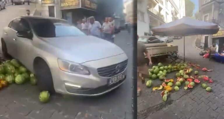 Tartıştığı esnafın karpuzlarını arabasıyla ezdi!