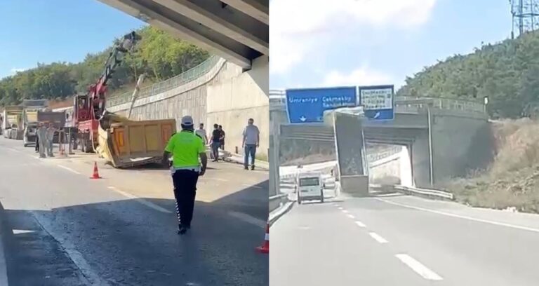 Çekmeköy’de hafriyat kamyonunun dorsesi üst geçide çarptı