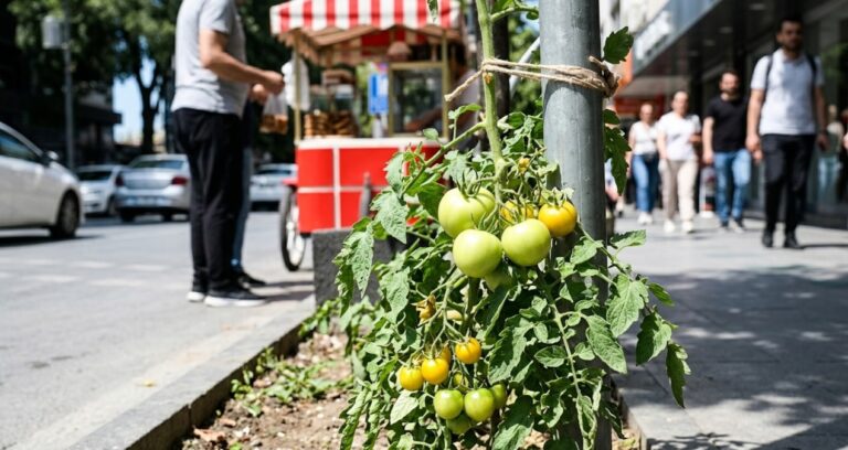 Plazaların ortasında sürpriz hasat: Maslak’ta kaldırım kenarında domates yetişti