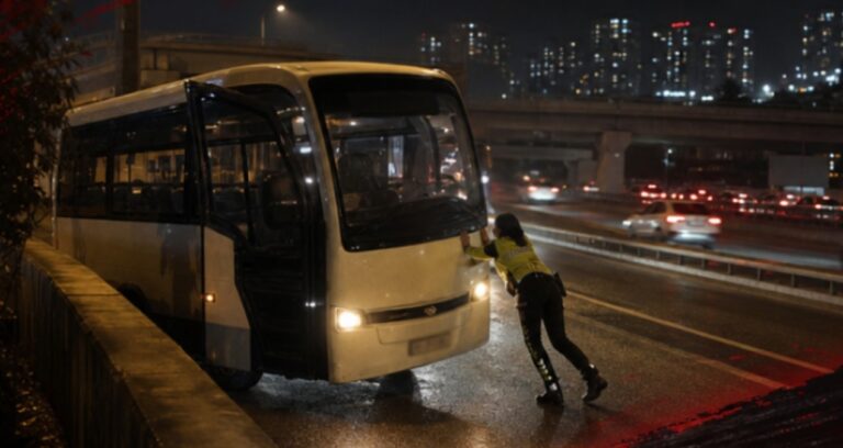 Bayan polis arızalanan midibüsü iterek yol kenarına çekti
